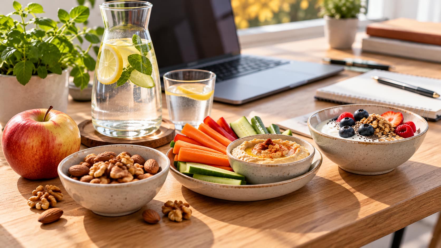 Gesunde Snacks und Wasser am Schreibtisch im Homeoffice